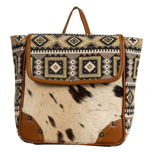 Myra Bag Handmade Biscon Backpack Upcycled Canvas & Cowhide Leather - Picture 1 of 8